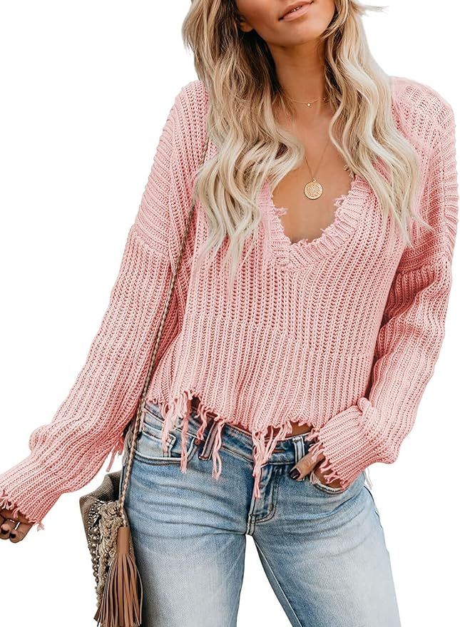 Astylish Women Sexy Loose V Neck Ripped Knitted Pullover Crop Sweater Top | Amazon (US)