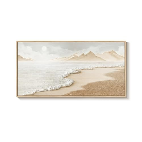 Framed Neutral Coastal Beach Wall Art for Living Room, Large Boho Ocean Canvas Artworks for Walls, Horizontal Abstract Minimalist Coastal Art Print for Bedroom Kitchen Office Wall Decor, 24x48 Inch | Amazon (US)