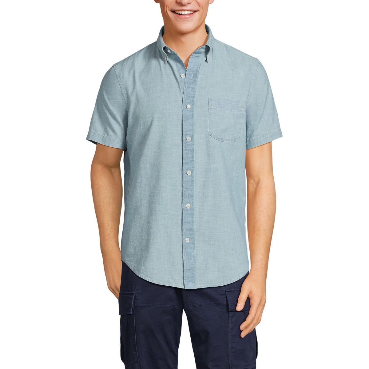 Lands' End Men's Short Sleeve Button Down Chambray Shirt - Light indigo chambray | Macy's