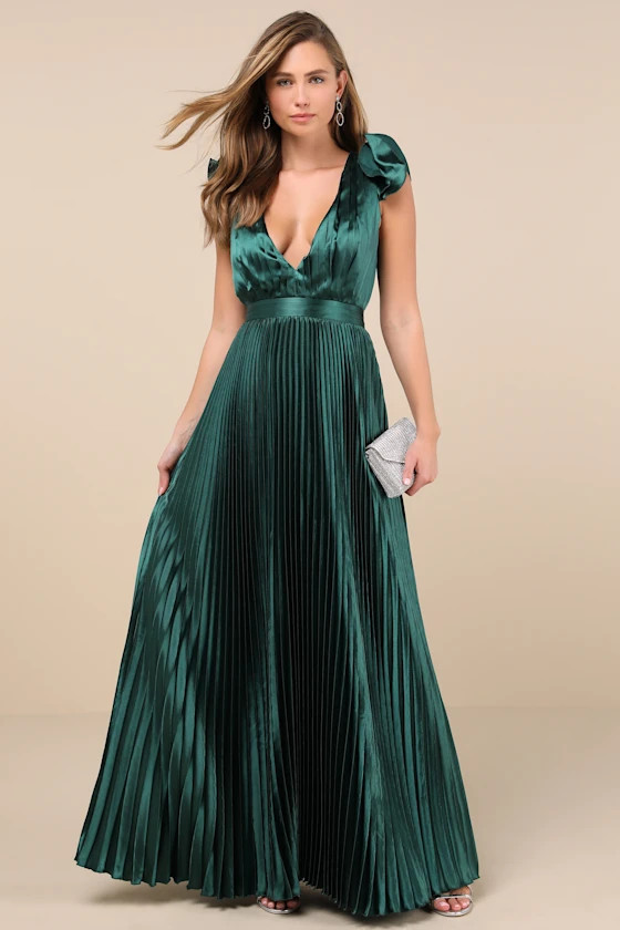Exceptional Drama Emerald Satin Lace-Up Pleated Maxi Dress | Lulus