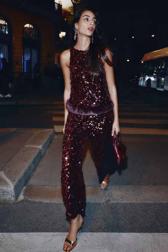 SEQUIN TOP WITH FAUX FUR HEM | Zara US