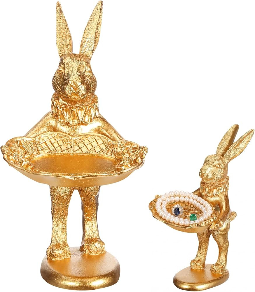 DOITOOL Gold Bunny Decor Ring Holder Jewelry Tray, Retro Rabbit Figurine Trinket Dish for Nightst... | Amazon (US)