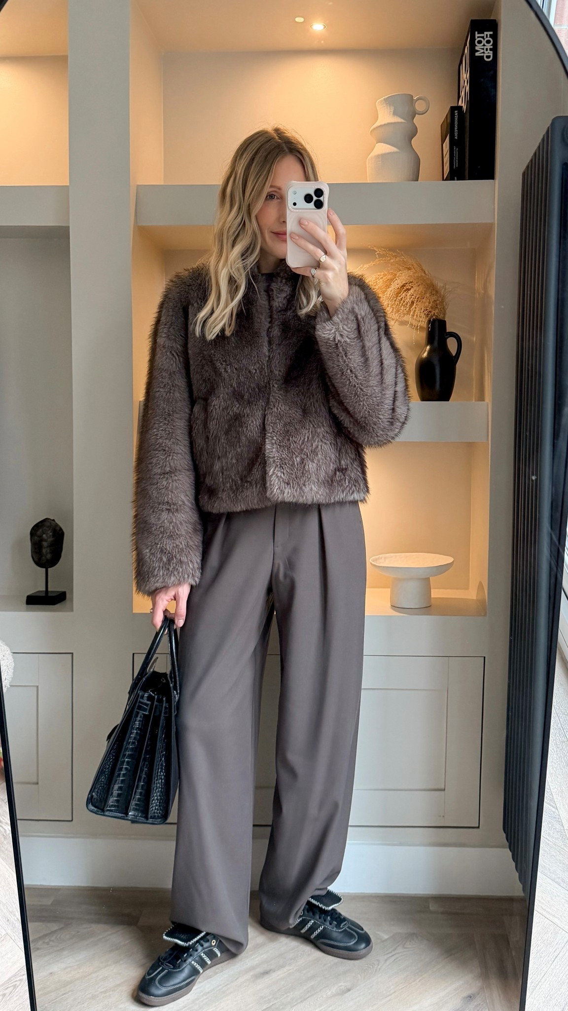 Faux fur coat winter outfit - marks and Spencer’s mole barrel leg trousers with samba LT and YSL sac du jour for the school run 

#LTKshoes #LTKwinter #LTKuk