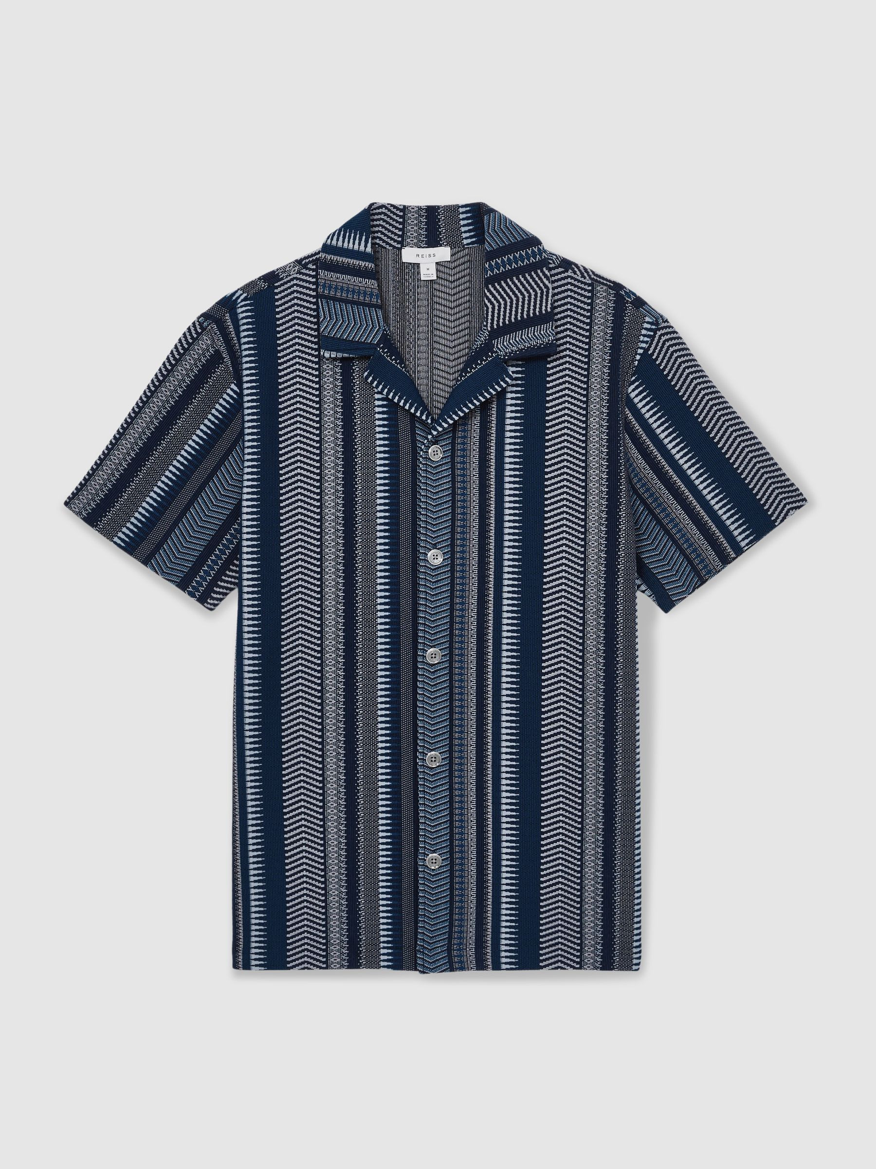 Aztec-Stripe Cuban-Collar Shirt in Navy | Reiss UK