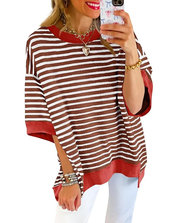 Tankaneo Womens Oversized T Shirts Striped Color Block Cotton Tops Summer Casual Half Sleeve Loos... | Amazon (US)