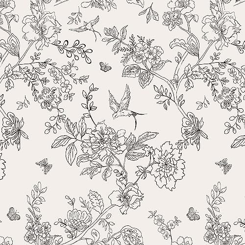 Froluya Black and Cream White Floral Wallpaper Peel and Stick Wallpaper 17.7in×118.1in Vintage Floral Contact Paper Flowers Birds Removable Self Adhesive Decorative Wall Paper for Bathroom Cabinets | Amazon (US)