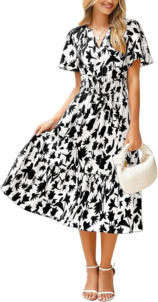 BerryGo Women's Floral Summer Short Sleeve Midi Dress V Neck Empire Waist Swing Flowy Boho Dress | Amazon (US)
