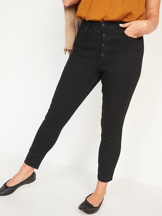 Extra High-Waisted Button-Fly Rockstar 360° Stretch Super Skinny Black Cut-Off Ankle Jeans f... | Old Navy (CA)