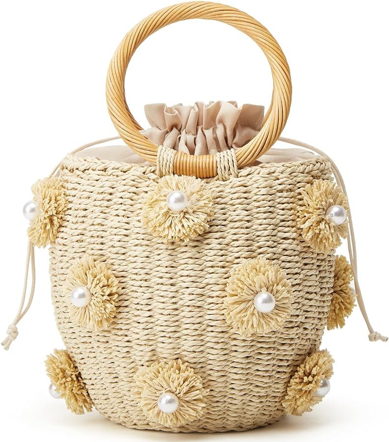 Summer Straw Bag for Women Pearl Flower Bucket Tote Bag Diamond Handbag Hand Woven Rattan Shell P... | Amazon (US)