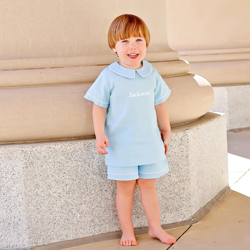 Solid Light Blue Collared Short Set | Classic Whimsy