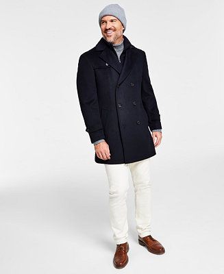 Men's Classic-Fit Navy Solid Double-Breasted Overcoat with Attached Bib | Macy's
