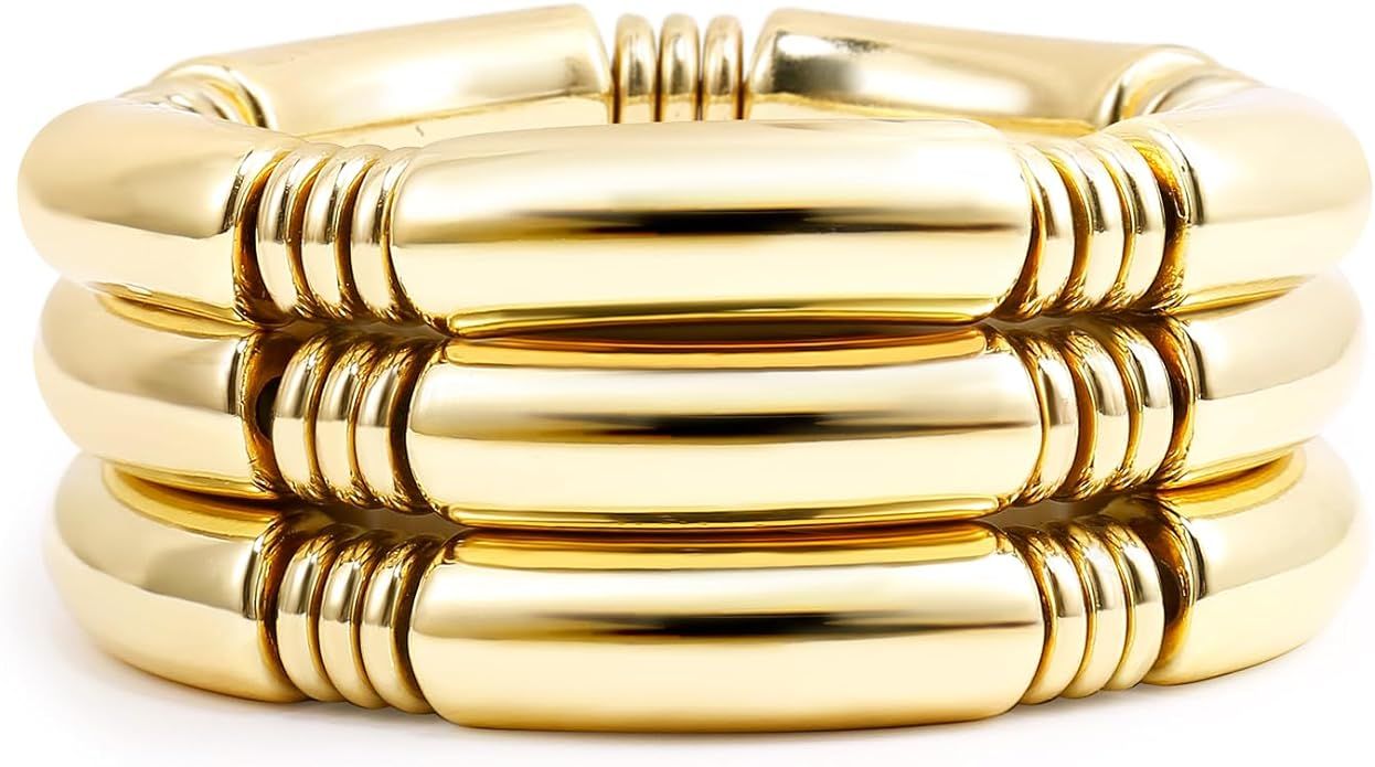 Gold Chunky Bangles Bracelets For Women 14k Gold Plated Stack Layered Curved Bamboo Tube Stretch ... | Amazon (US)