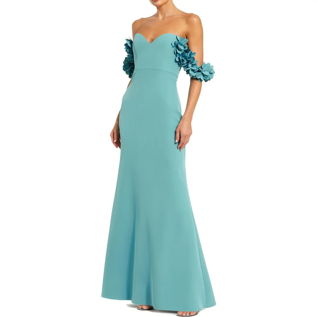 Mac Duggal Off-the-Shoulder Crepe Gown with 3D Floral Appliqué in Teal at Nordstrom, Size 6 | Nordstrom