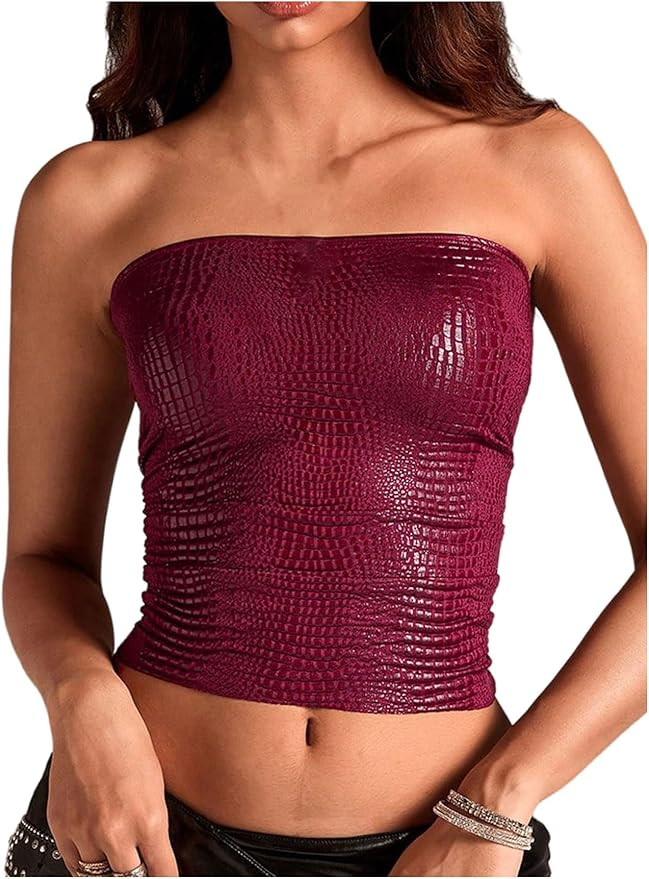 MakeMeChic Women's Bandeau Strapless Tube Top Faux Leather Y2K Sexy Crop Tops Hippie Clothes | Amazon (US)