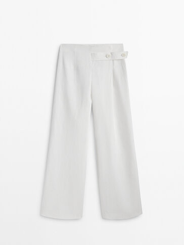 Waxed linen wide-leg trousers with buttoned tab - Massimo Dutti | Massimo Dutti US