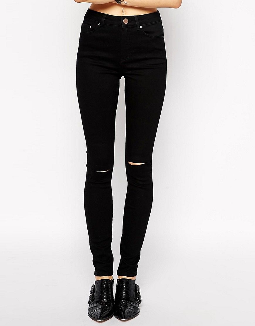 ASOS PETITE Ridley High Waist Ultra Skinny Jeans In Clean Black With Displaced Ripped Knees | ASOS UK