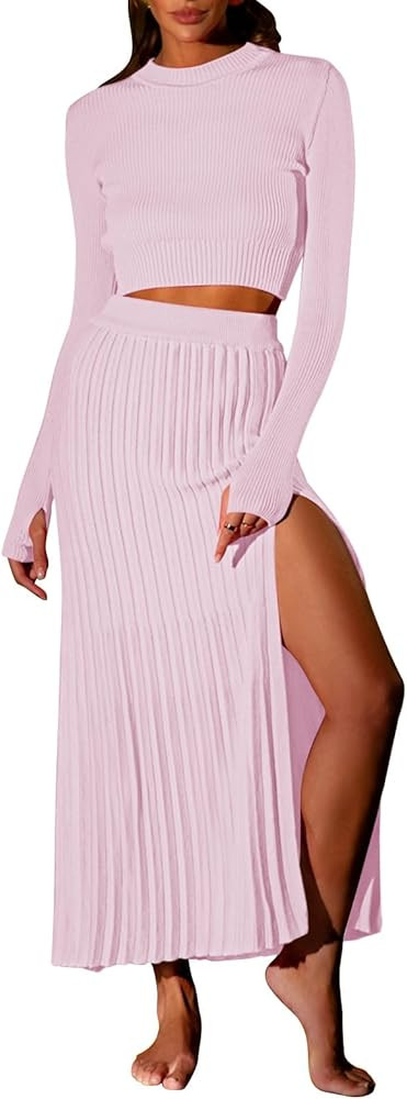 Duigluw Women 2 Piece Outfits Winter Long Sleeve Crop Top Bodycon Pleated Skirt Knit Sweater Dres... | Amazon (US)