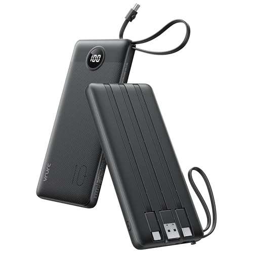 VRURC Portable Charger, Built-in 4 Cables Slim Power Bank 10000mAh, USB C Charging Bank with LED Display, Compact Travel Battery Pack with 5 Outputs for Multi Devices, Android-Black(1 Pack) | Amazon (US)