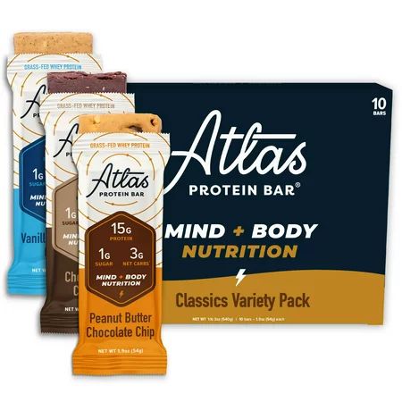 Atlas Mind + Body Protein Bar Keto & Low Carb 15g Protein 1g Sugar Classics Variety 10 Count | Walmart (US)