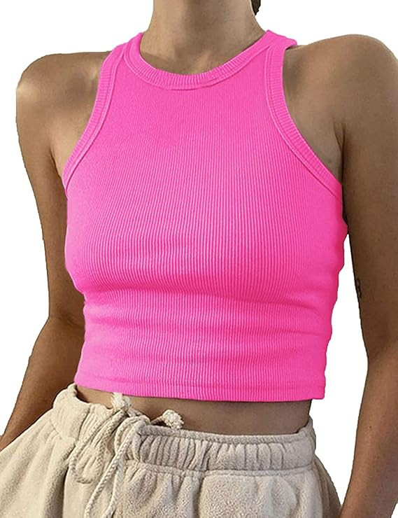 Artfish Women Casual Basic Sleeveless High Neck Ribbed Knit Racerback Crop Tank Top Cropped Neon ... | Amazon (US)