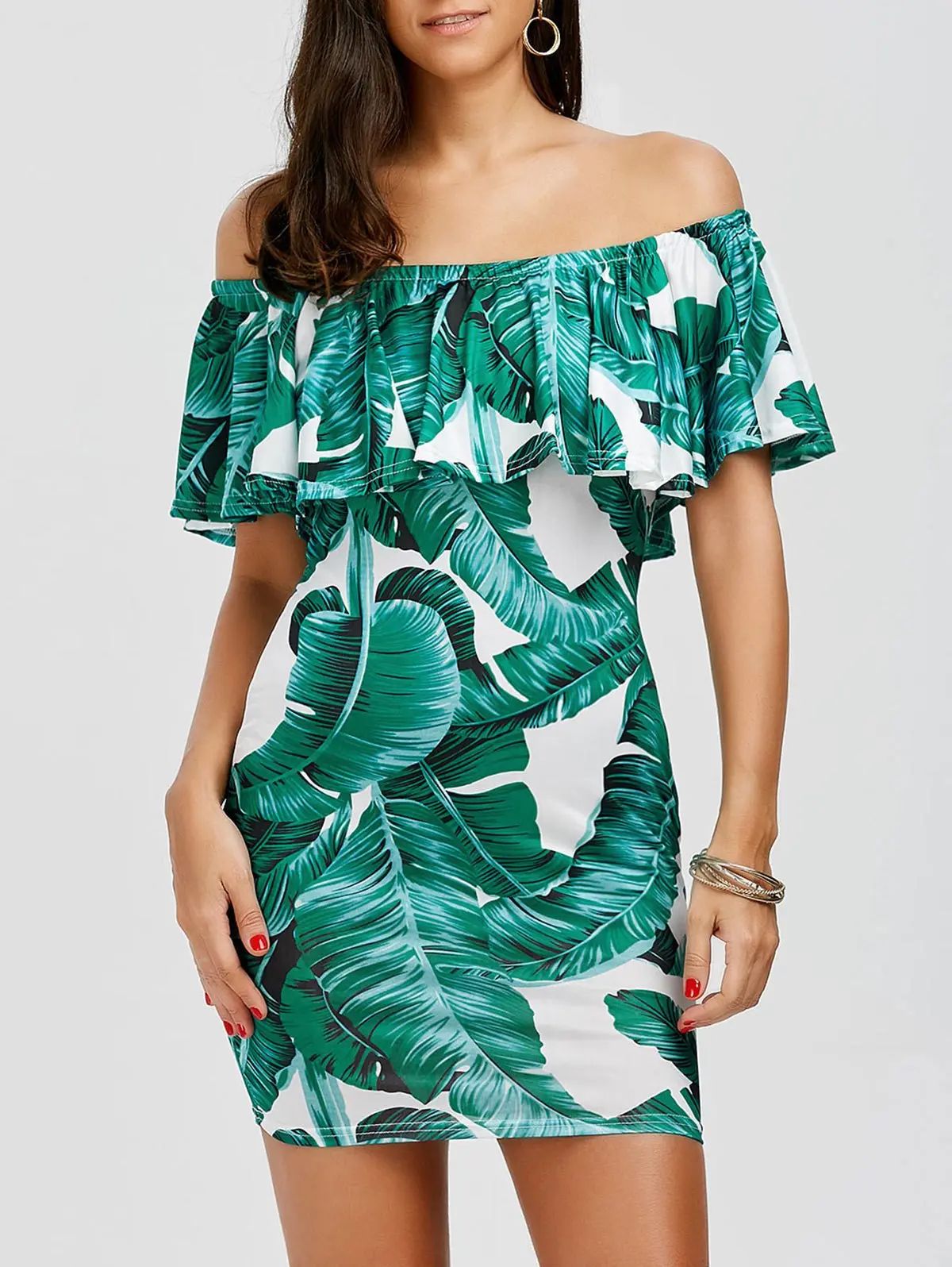 Leaf Print Ruffle Off The Shoulder Summer Dress | Rosegal US