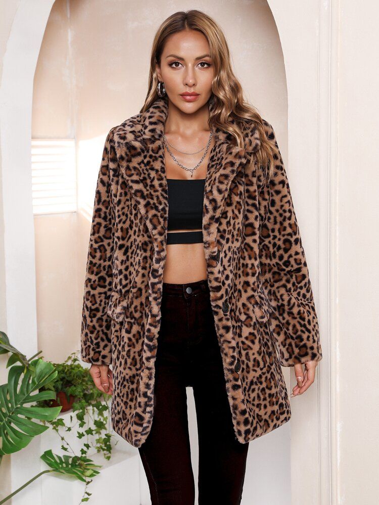 Leopard Pattern Drop Shoulder Fuzzy Coat | SHEIN