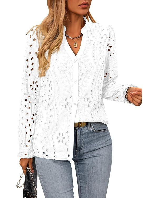 NALANISA Women's Fashion Long Sleeve Button Down Blouse Dressy Casual V Neck Eyelet Embroidery Ho... | Amazon (US)