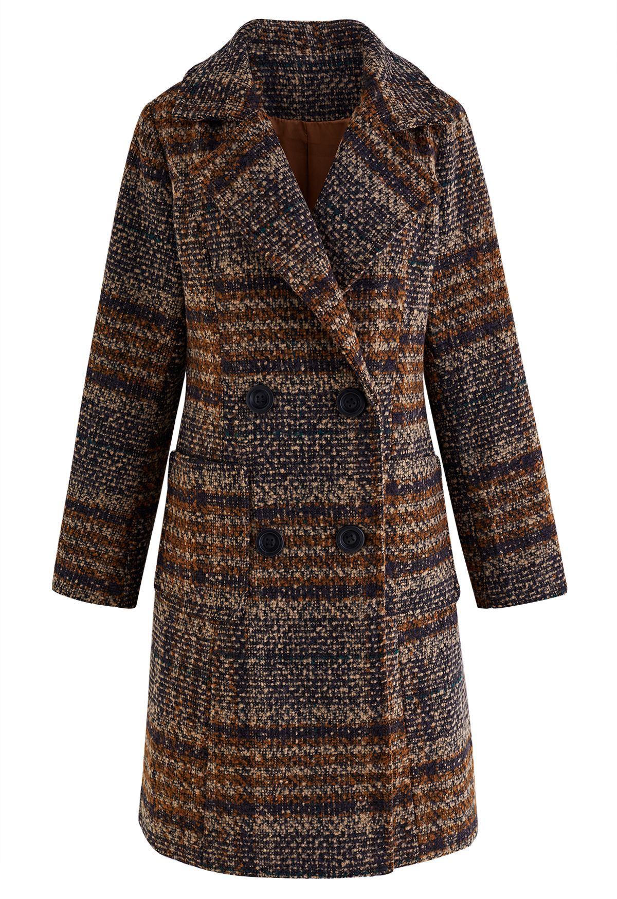 Retro Plaid Double-Breasted Wool-Blend Coat in Brown | Chicwish