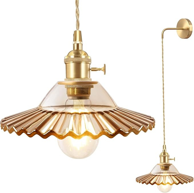 Shenmoyl Vintage Wall Sconces with Amber Lotus Shade Pattern Glass Adjustable Chain Retro Gold Wa... | Amazon (US)