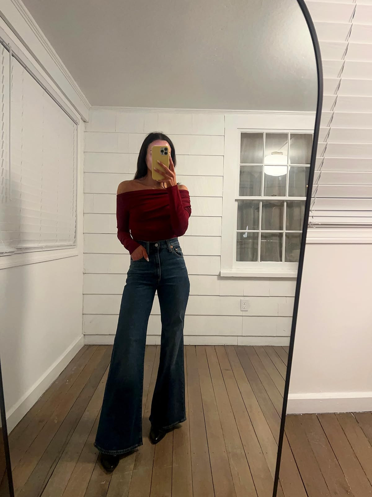 Valentine’s Day outfit! Jeans & boots true to size , top in S. Off the shoulder top/bell bottom jeans/ankle boots.
 

 #LTKPetite #LTKFindsUnder100