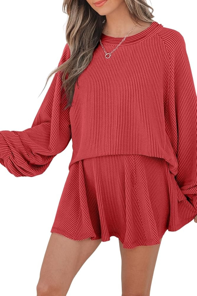 Womens 2 Piece Outifits Jet Stream Corded Lantern Sleeve Top High Waist Ruffled Mini Skirt Set | Amazon (US)