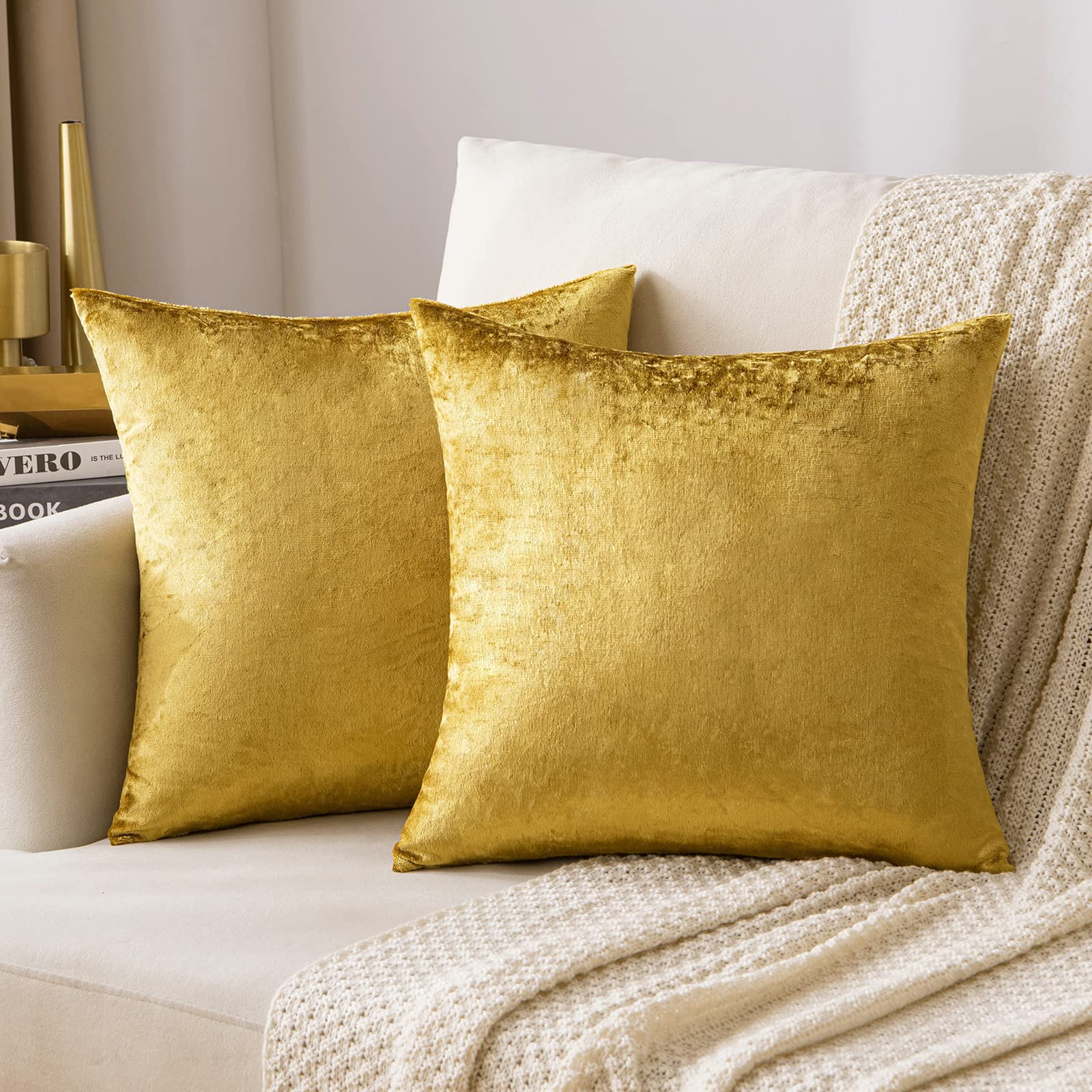 MIULEE Velvet Throw Pillow Covers 18x18 Inch, Pack of 2 - Golden, Super Soft Decorative Square Cu... | Amazon (US)