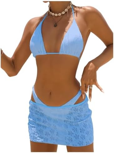 WDIRARA Women's 3 Piece Textured Thong Bikini Set Triangle String Halter Swimsuit with Cover Up S... | Amazon (US)