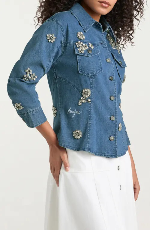 Cinq à Sept Flower Crystal Stretch Denim Shirt in Light Wash at Nordstrom, Size 6 | Nordstrom