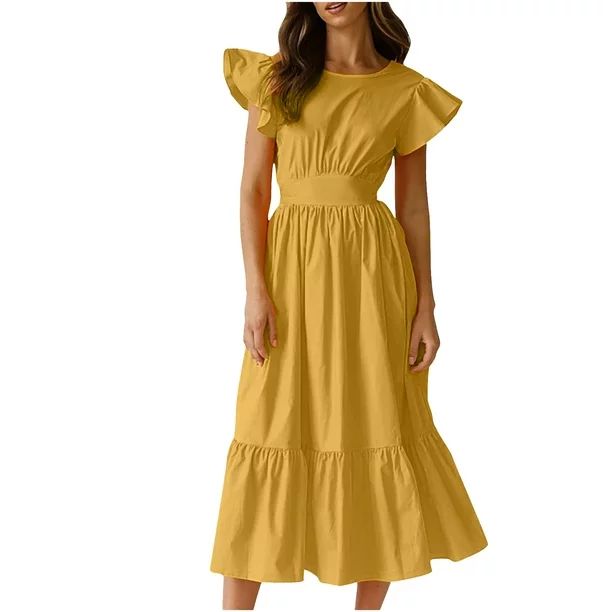 USSUMA Womens Summer Tiered Long Maxi Dress Round Neck Short Sleeve Ruffle Pleated Swing Tunic Dr... | Walmart (US)