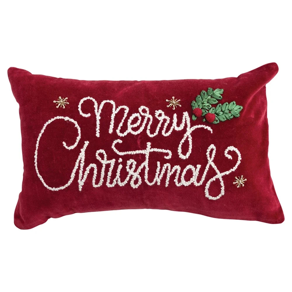 Miss Daisy's Home Cotton Velvet Lumbar Pillow with Embroidery "Merry Christmas" - Cotton Velvet Lumbar Pillow with Embroidery "Merry Christmas" | Shop.app