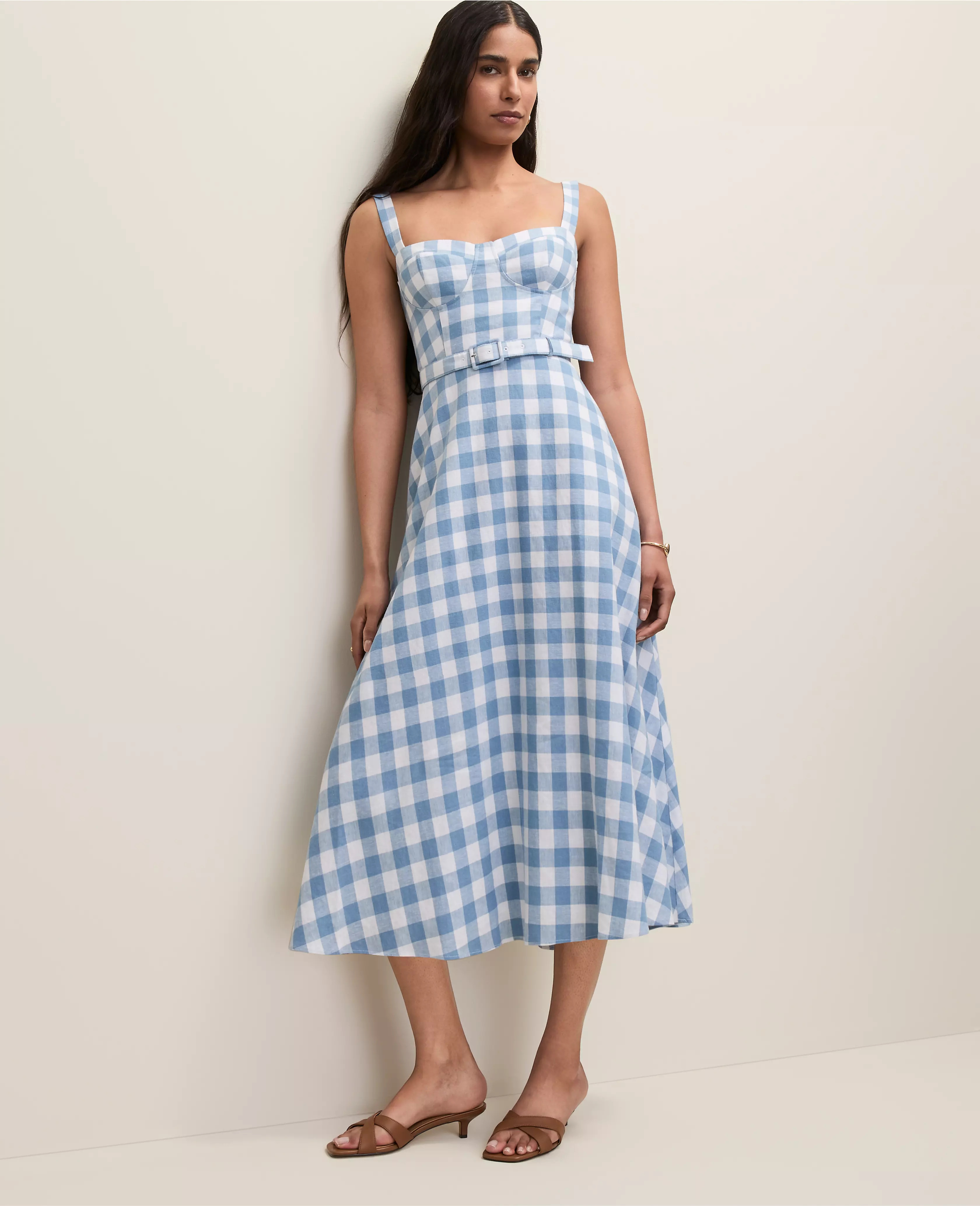 Gingham Belted Midi Dress in Linen Blend | Ann Taylor