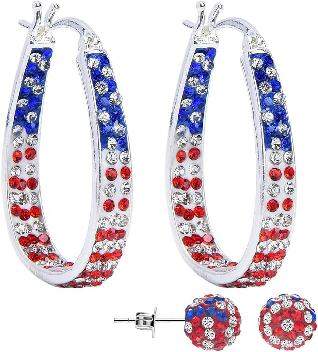 Crystal Hoop Earrings for Women Sparkly American Flag Earrings Silver Plated Red White and Blue E... | Amazon (US)