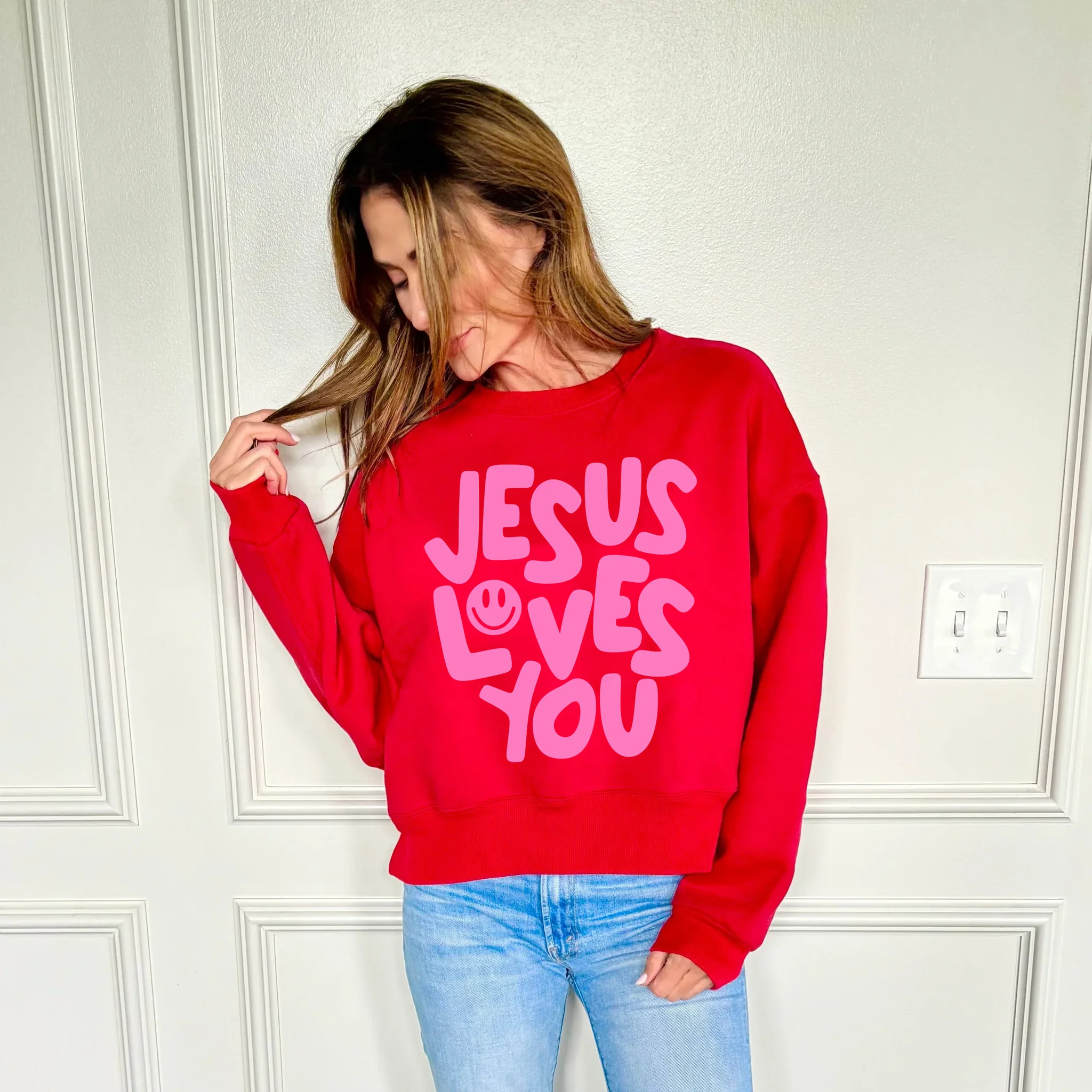 Smiley Jesus Loves You Puff Red Crop Sweatshirt | Poppy & Pine