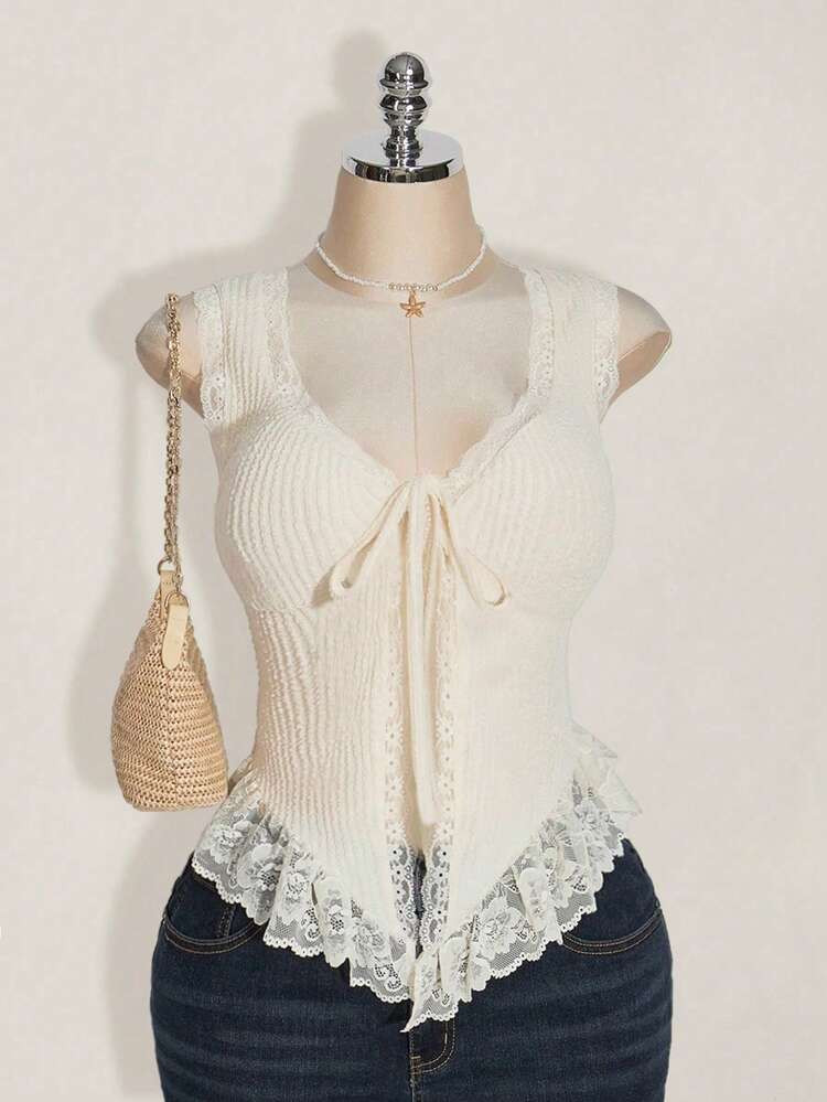 SHEIN ICON Plus Size Women's Contrast Lace Tie Front Dating Daily Tank Top,Going Out Tops Women | SHEIN