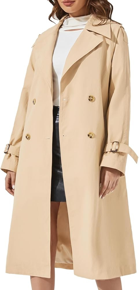 Women's Double Breasted Long Trench Coat Windproof Classic Lapel | Side Pocket Thin Coat With Bel... | Amazon (US)