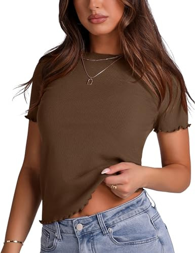 LOMON Women's Crew Neck Short Sleeves T Shirts Ribbed Knit Fitted Summer Basic Tees Lettuce Trim ... | Amazon (US)