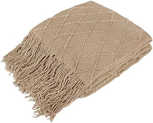 PAVILIA Knitted Throw Blanket Fringe Tan Taupe Beige Camel | Decorative Tassel Boho Farmhouse Decor  | Amazon (US)