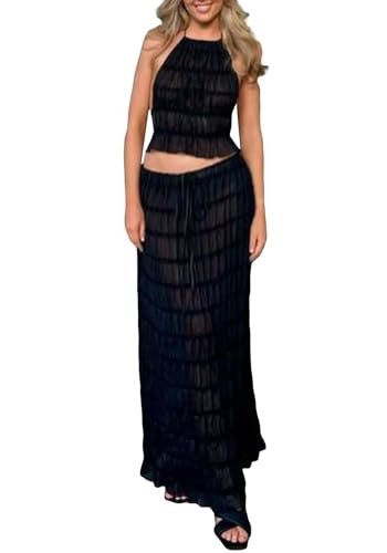 Unybwonn Beach Outfits for Women Summer Backless Halter Beach Cami Top Long Skirt Going out Set 2 Piece Outfits | Amazon (US)