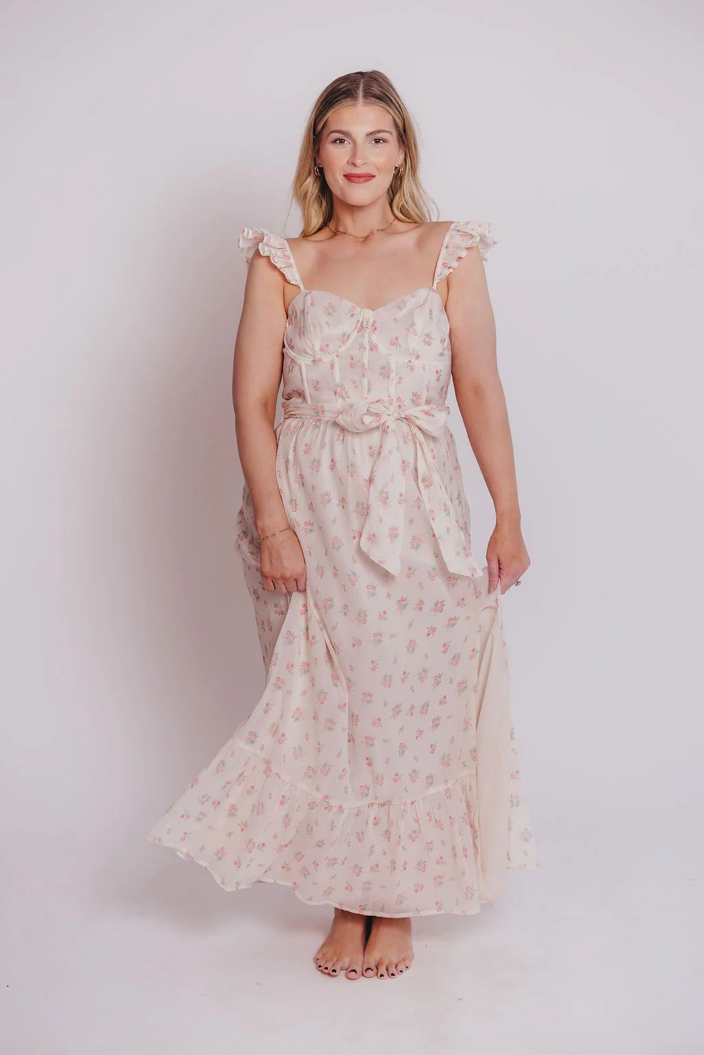 Rosamund Bustier-Style Maxi Dress in Blush Pink Floral -Inclusive Sizi | Worth Collective
