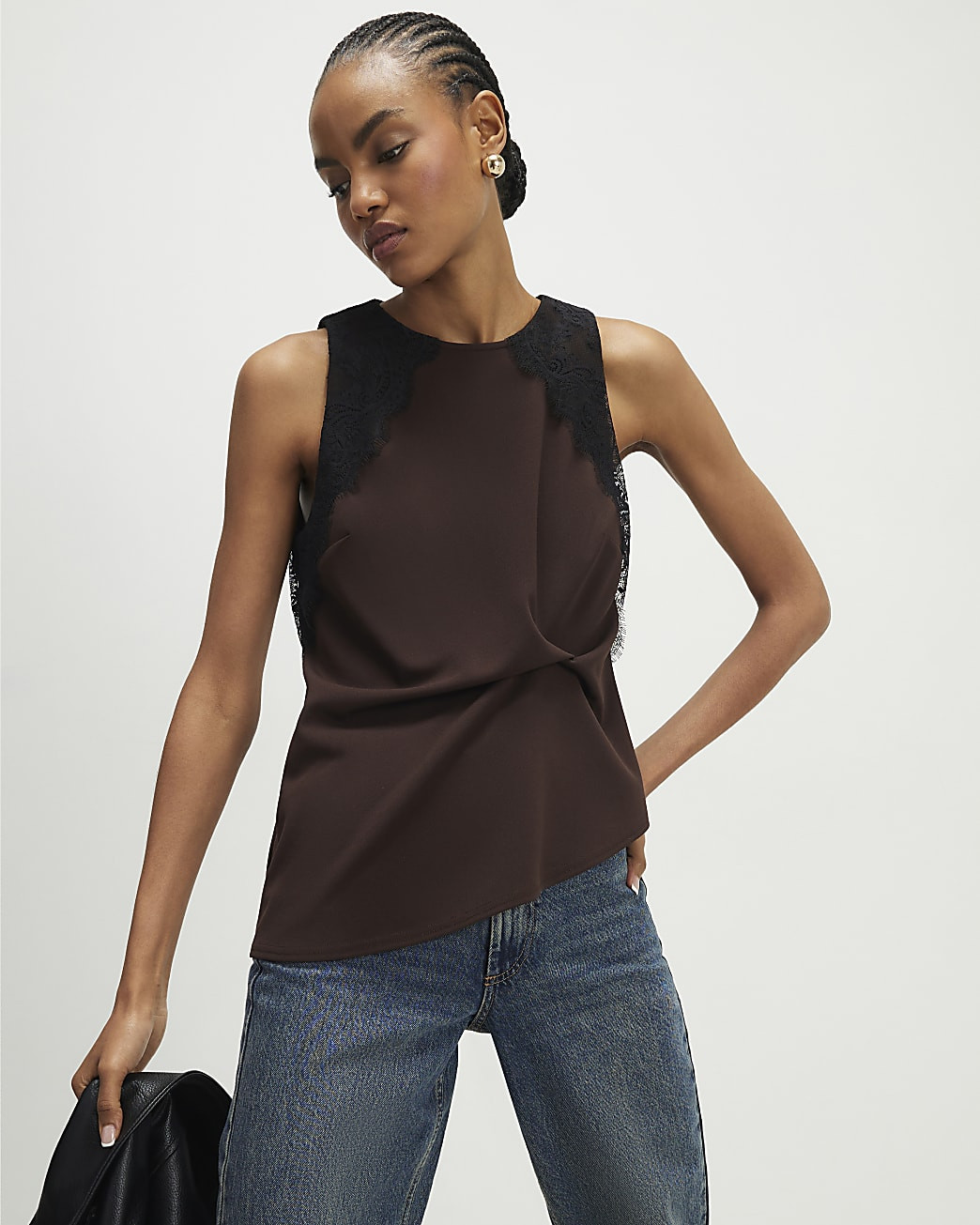 Brown Sleeveless Lace Trim Top | River Island UK & IE