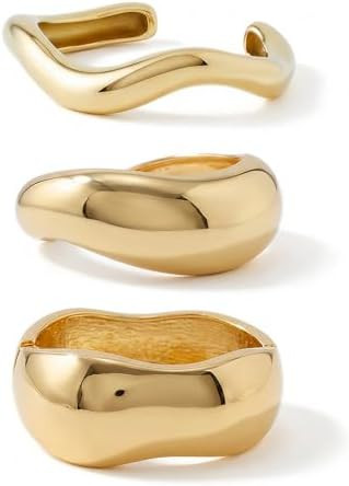 ALEXTINA Chunky Gold Bracelets Set for Women 18K Gold Plated High Shine Bracelets Minimalist Open... | Amazon (US)