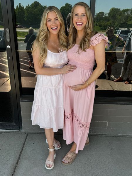Pink dresses for baby girl shower. Mine is in a medium with adjustable straps and Jess is in a small. Clip coupon for 20% off Jess’s Amazon dress  Both are bump friendly. 

#LTKParties #LTKBump