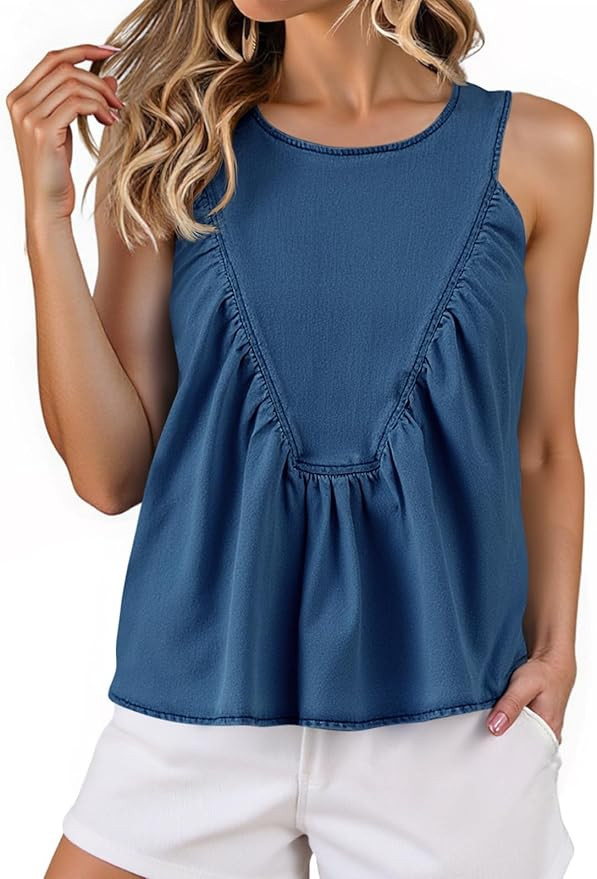 Cicy Bell Womens Babydoll Denim Tank Tops Peplum Swing Flowy Shirred Sleeveless Shirts Loose Fit ... | Amazon (US)