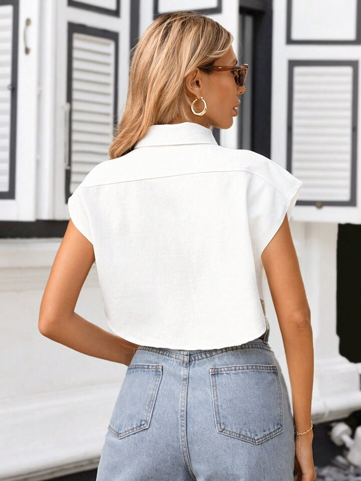 SHEIN Essnce Women's Solid Color Cropped Shirt With Flap Pockets | SHEIN